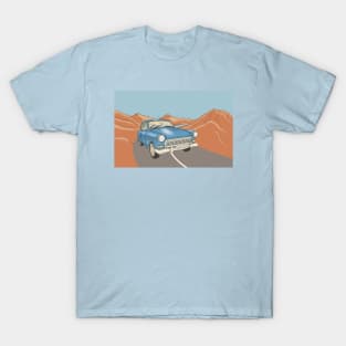 Blue car on the highway in the desert and mountains. T-Shirt